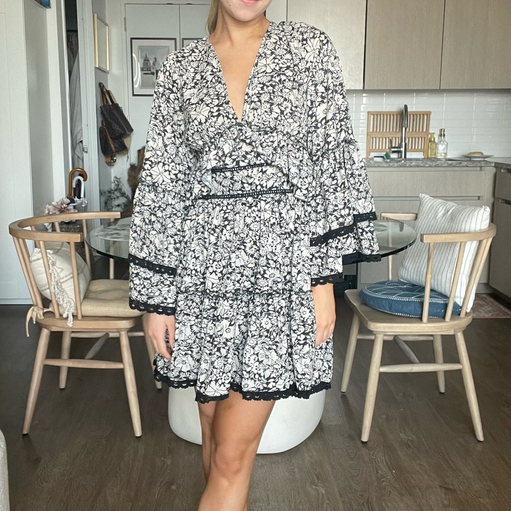 Boho Black & White Floral Print Dress